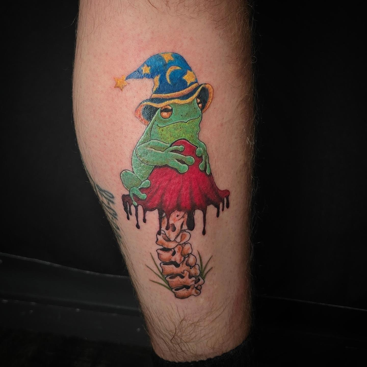 Ever see a wizard frog sitting on a spineshroom? Thank you Damian for allowing me to have creative freedom on this! 
.
.
.
.
#redoctopustattoo #dmvtattooartist #marylandtattooartist #frogtattoo #wizardfrog